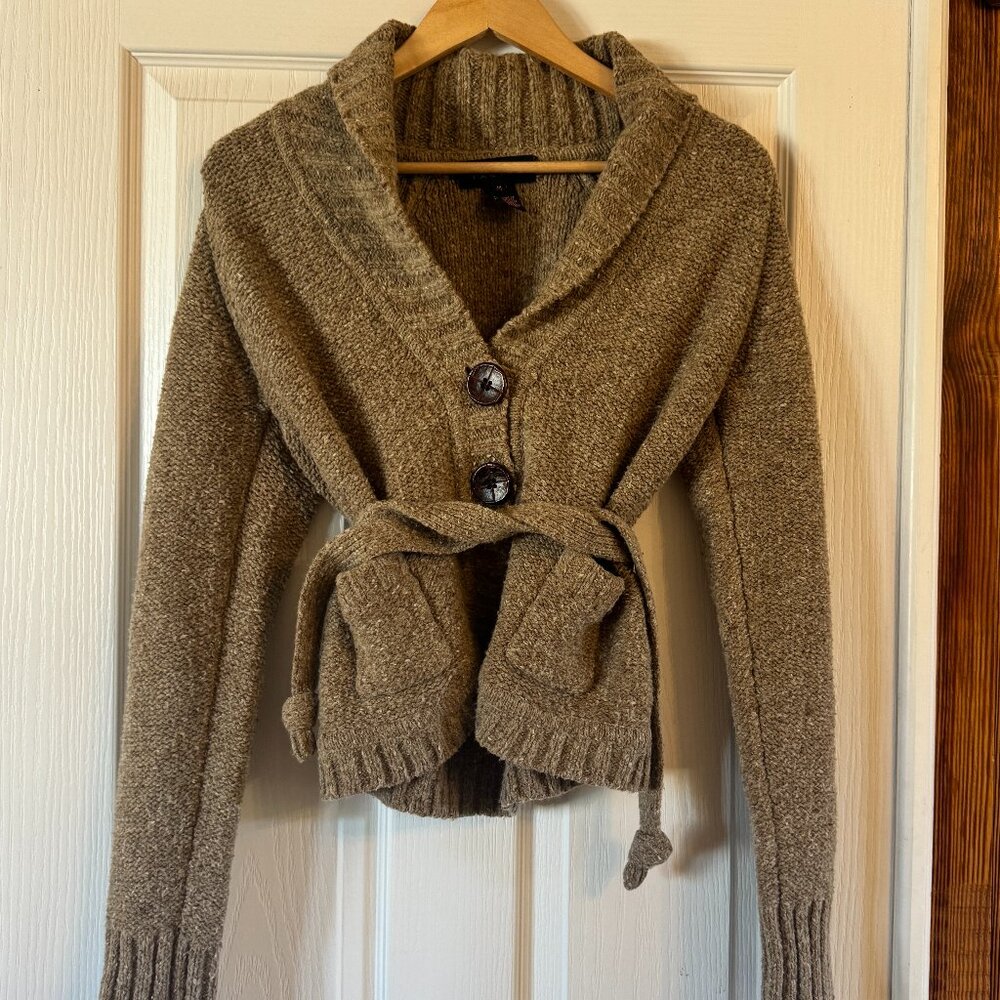 Pink Tartan Wool Blend Cardigan Sweater with Shawl Collar, Belt, Pockets, Sz M